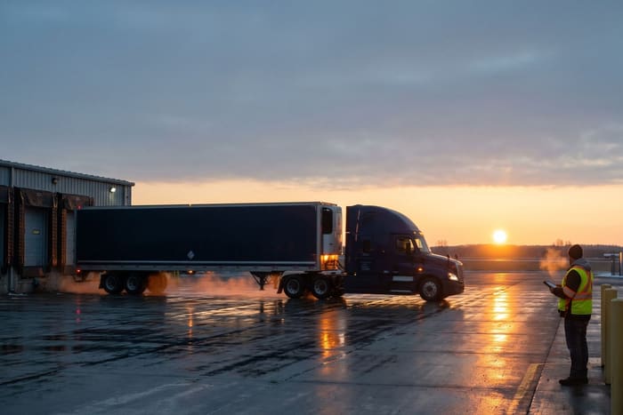 A truck leaving a freight yard at dawn, a dispatcher in a hi-vis vest watching