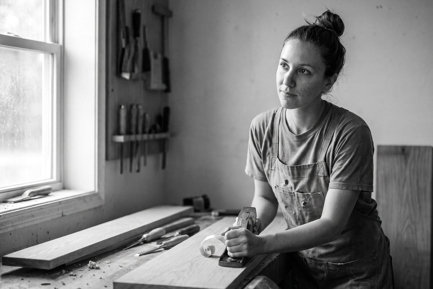 Nell in her joinery workshop, planing oak, in black and white — her finished post
