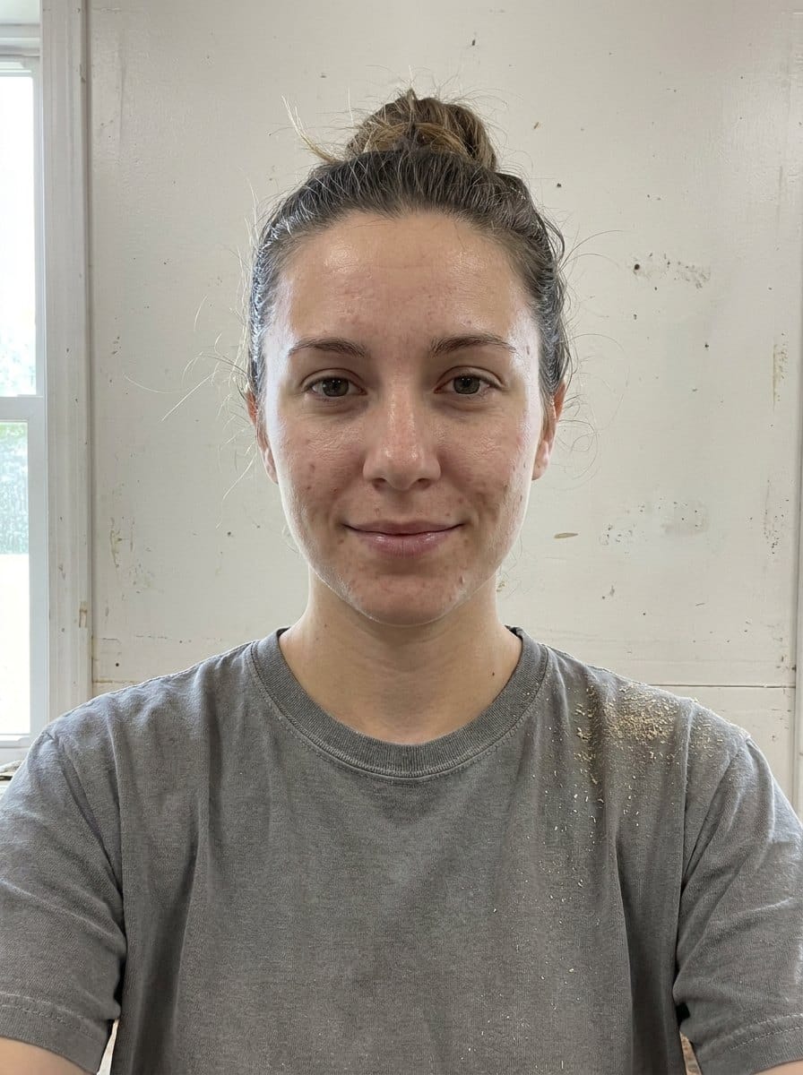 Nell as she photographed herself: grey T-shirt, bright room