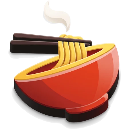 A ramen bowl with chopsticks lifting noodles and a curl of steam, built from crisp glossy planes