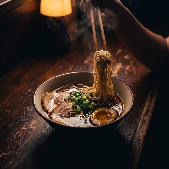 Noodles lifted on chopsticks from a bowl of tonkotsu ramen, steam rising