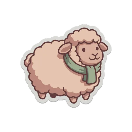 A sheep in a knitted scarf, with a thick sticker border