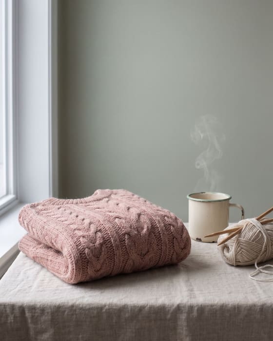 A folded rose jumper by a window with a mug of tea beside it