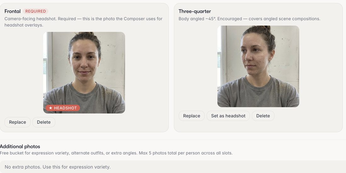 Nell’s record in the app: a required camera-facing shot and one turned a little, with a free bucket for extras