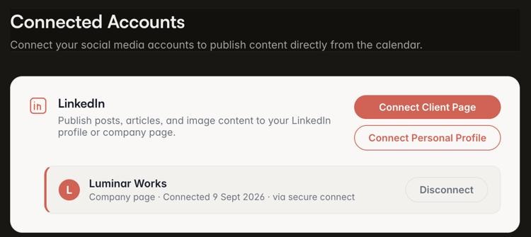 Connected Accounts: a client’s LinkedIn company page, connected