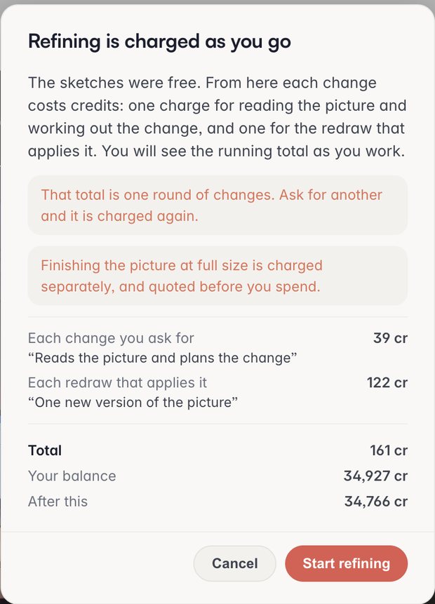 The dialog shown before any refining: what a change costs, what a redraw costs, the round total, your balance and what is left
