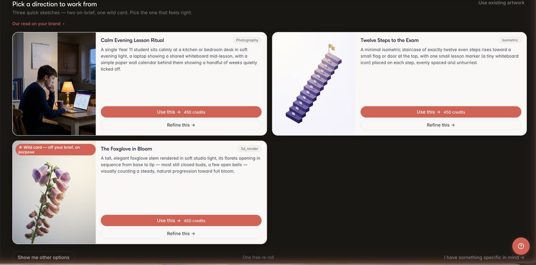 The sketch directions for one post, side by side, each with the price to finish on its button