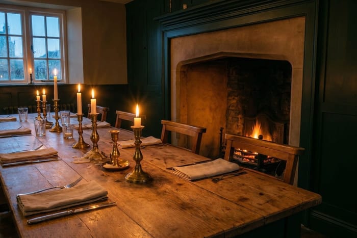 A candlelit dining room with a fire, laid for dinner