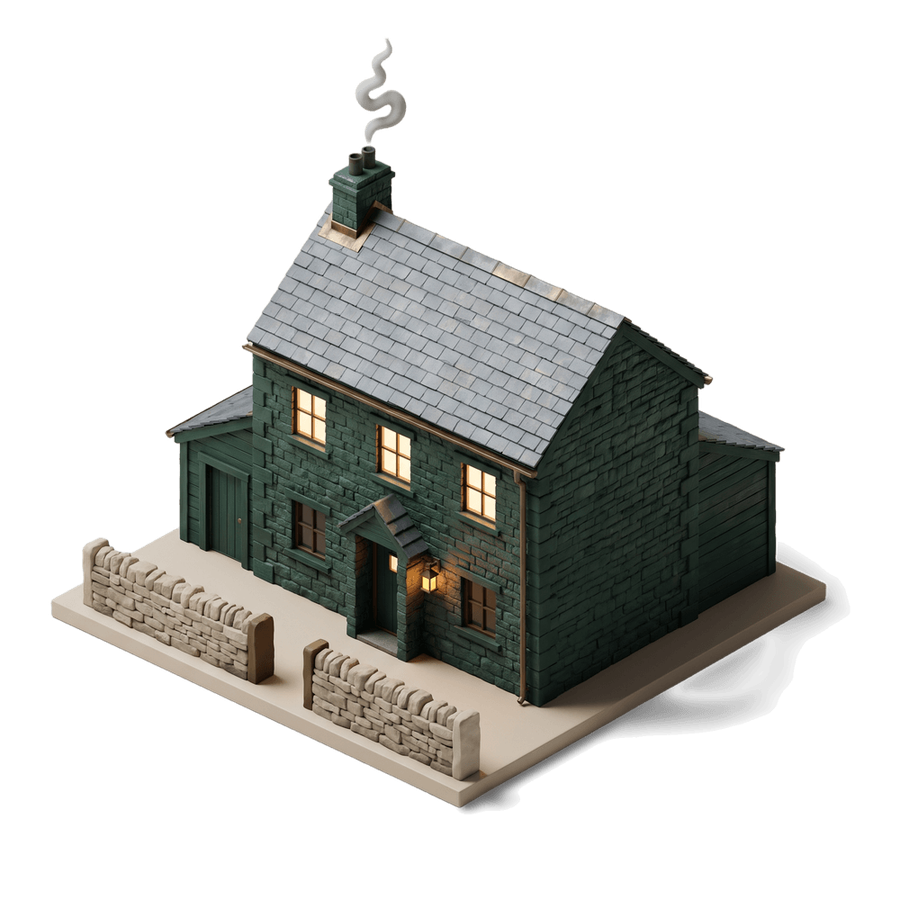 A stone farmhouse with lit windows and a lantern by the door